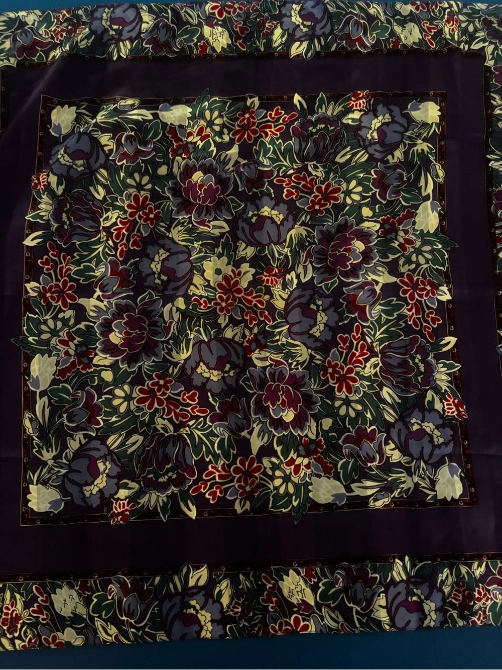 Vintage Floral Print Silk Scarf Blue Purple Pink Multi-Color